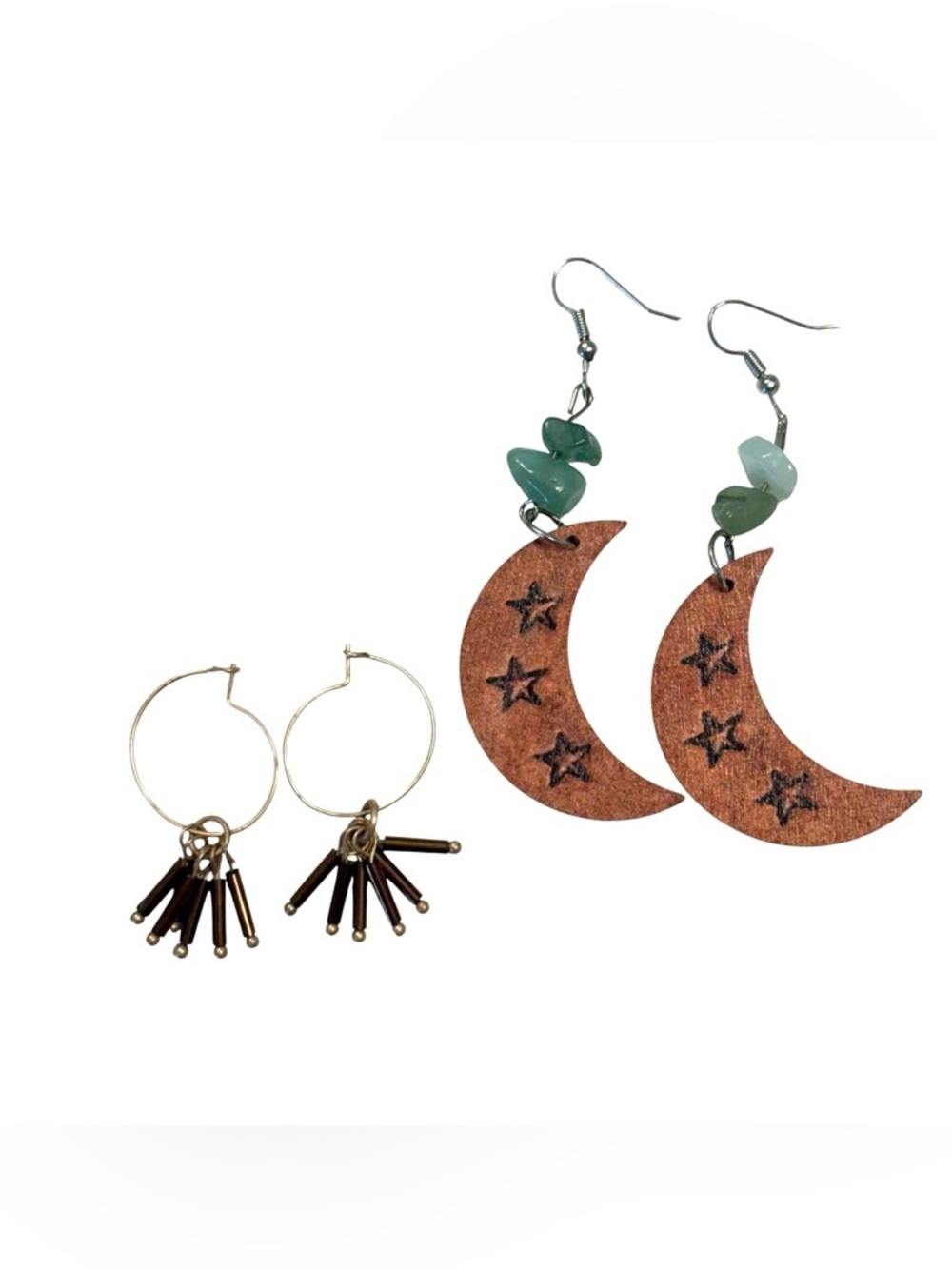 Wood Crescent Moon Crystal Beads Star Engraving Earrings Set of 2 Dangle